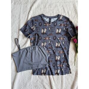 Two 2 Fly Western Boots Cow Skull Mesh Top with Crop Tank Size Small